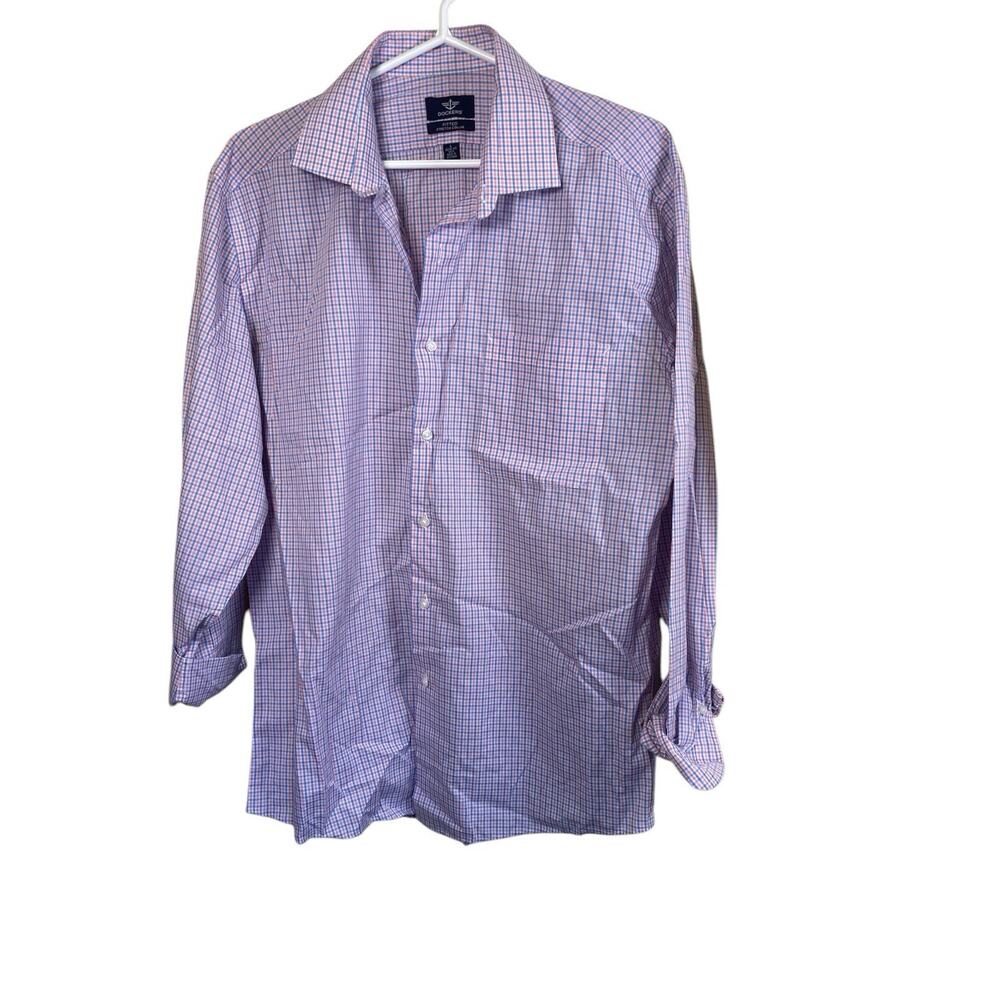 Dockers Button Up Shirt Men's Large 16 - 16 1/2 Blue White Plaid Long Sleeve